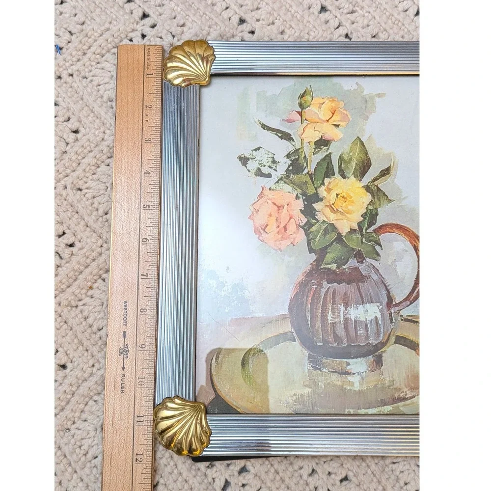 Vintage Silver Ribbed Picture Frame Gold Shell Corners Coastal Regency 8x10